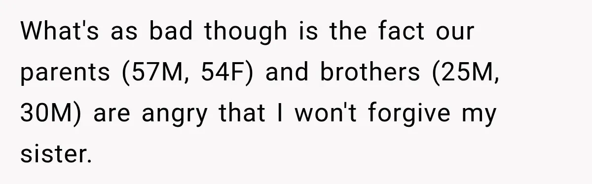What's as bad though is the fact our parents (57M, 54F) and brothers (25M, 30M) are angry that I won't forgive my sister.