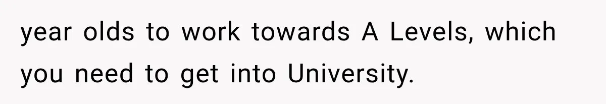 year olds to work towards A Levels, which you need to get into University.