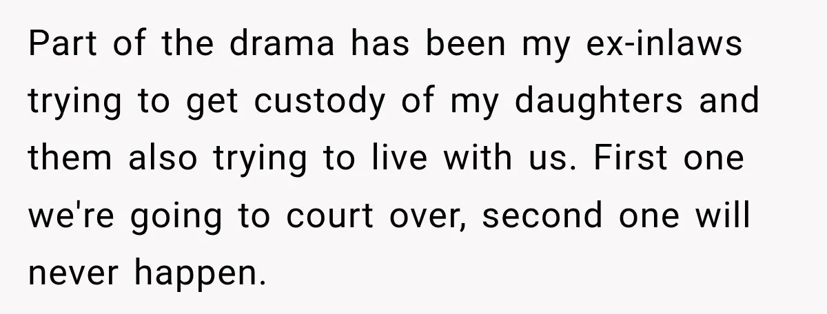 Part of the drama has been my ex-inlaws trying to get custody of my daughters and them also trying to live with us. First one we're going to court over,...