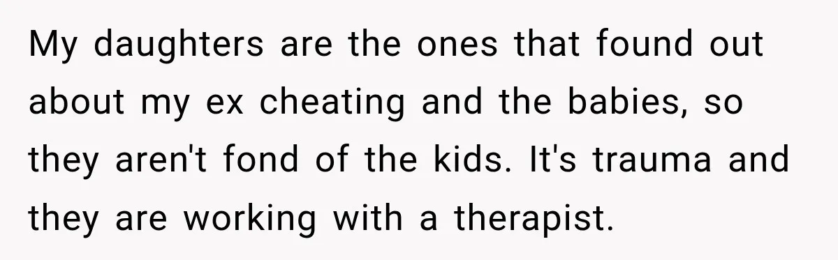 My daughters are the ones that found out about my ex cheating and the babies, so they aren't fond of the kids. It's trauma and they are working with a...
