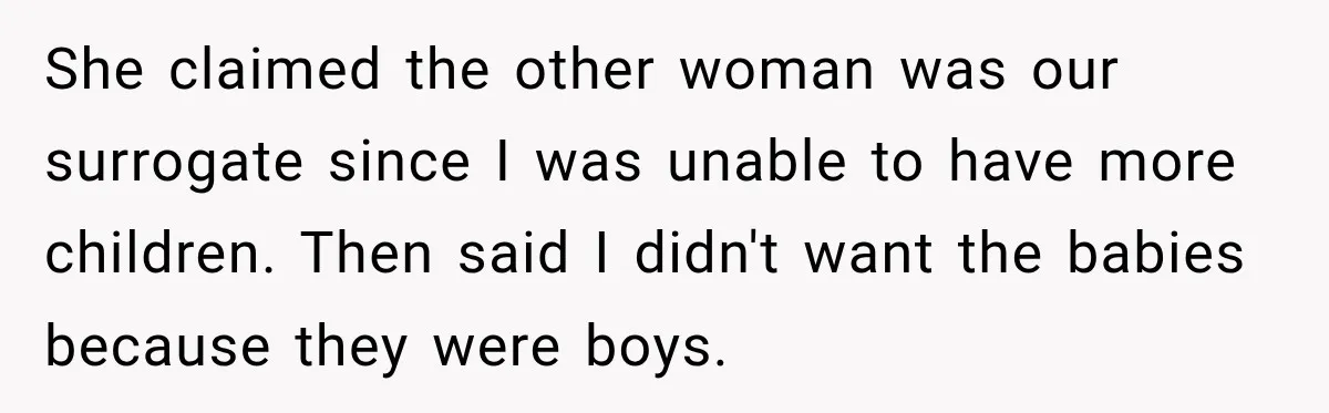 She claimed the other woman was our surrogate since I was unable to have more children. Then said I didn't want the babies because they were boys.