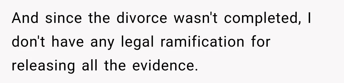 And since the divorce wasn't completed, I don't have any legal ramification for releasing all the evidence.