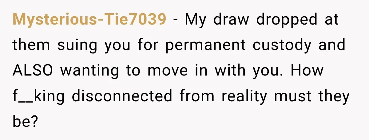 Mysterious-Tie7039 − My draw dropped at them suing you for permanent custody and ALSO wanting to move in with you. How f__king disconnected from reality must they be?