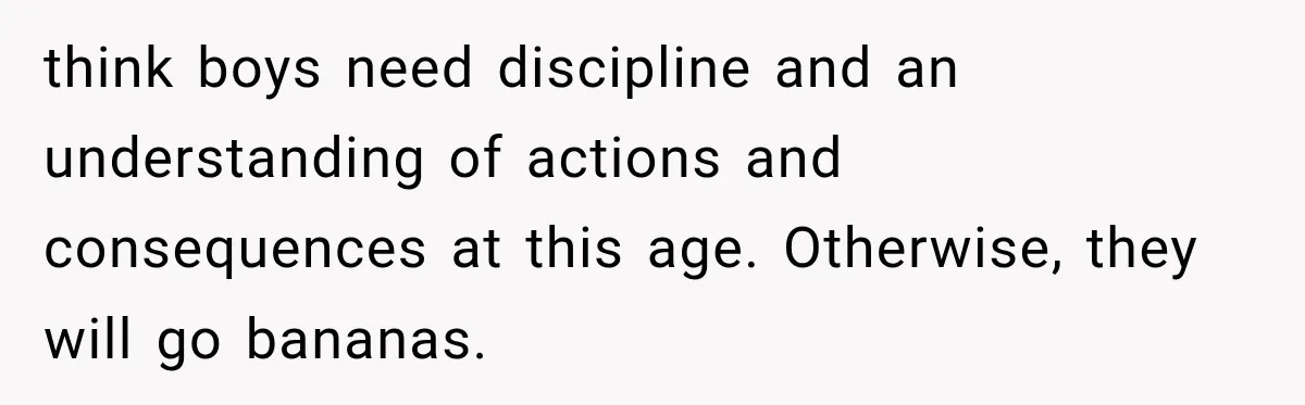 think boys need discipline and an understanding of actions and consequences at this age. Otherwise, they will go bananas.