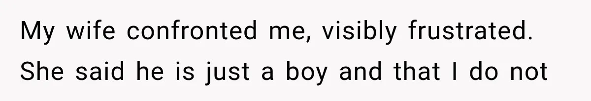 My wife confronted me, visibly frustrated. She said he is just a boy and that I do not