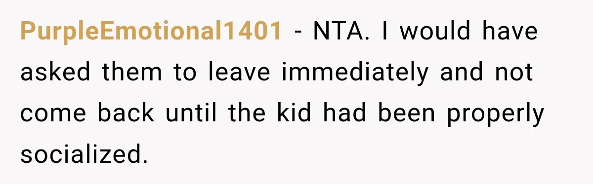 PurpleEmotional1401 − NTA. I would have asked them to leave immediately and not come back until the kid had been properly socialized.