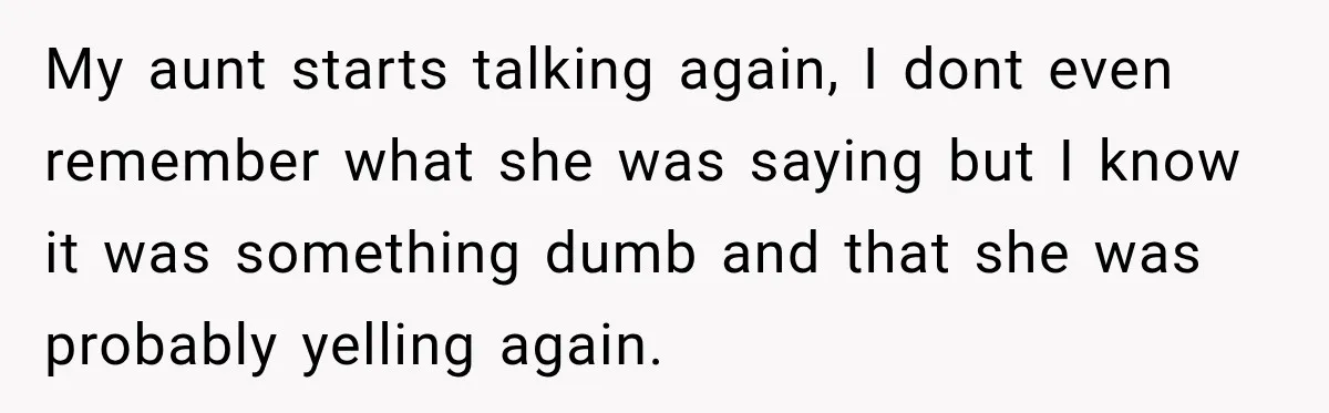 My aunt starts talking again, I dont even remember what she was saying but I know it was something dumb and that she was probably yelling again.