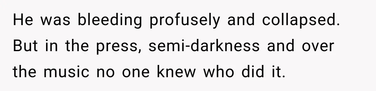 He was bleeding profusely and collapsed. But in the press, semi-darkness and over the music no one knew who did it.