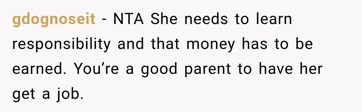 gdognoseit − NTA She needs to learn responsibility and that money has to be earned. You’re a good parent to have her get a job.