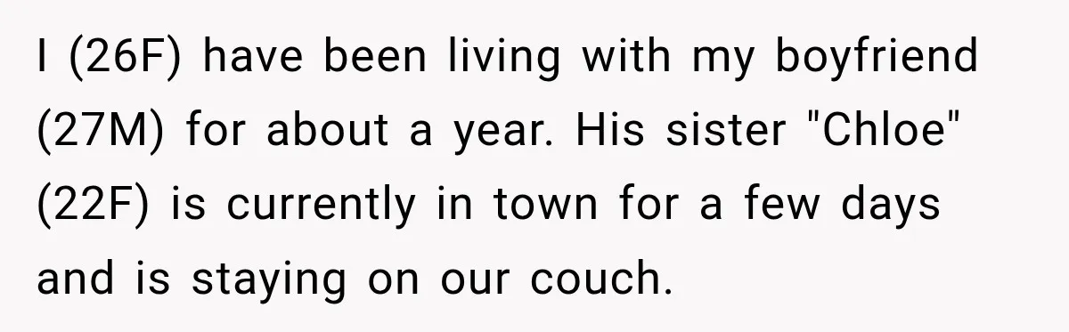 I (26F) have been living with my boyfriend (27M) for about a year. His sister "Chloe" (22F) is currently in town for a few days and is staying on our...