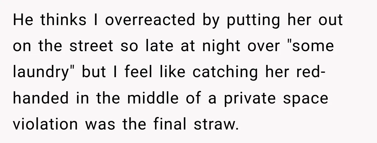He thinks I overreacted by putting her out on the street so late at night over "some laundry" but I feel like catching her red-handed in the middle of a...