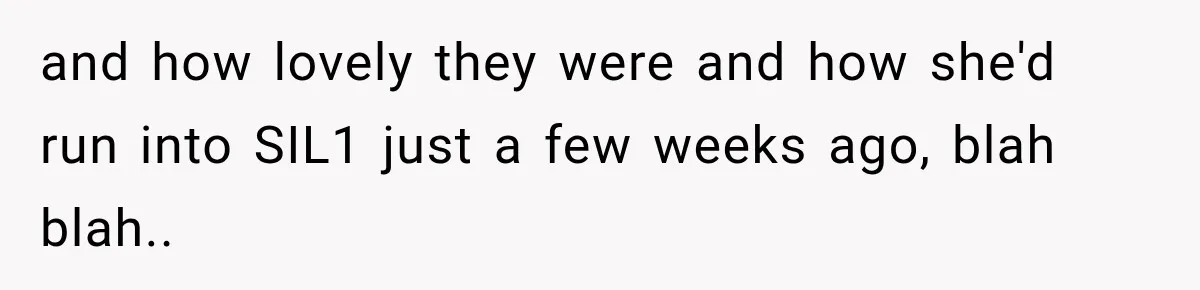 and how lovely they were and how she'd run into SIL1 just a few weeks ago, blah blah..