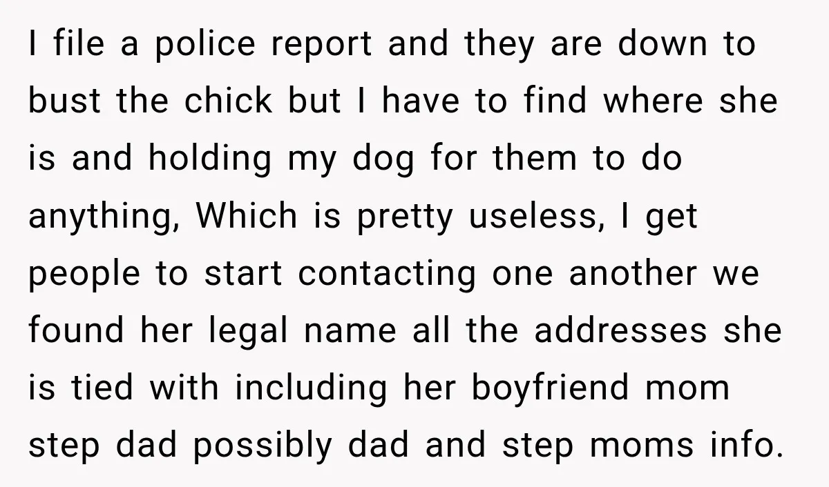 I file a police report and they are down to bust the chick but I have to find where she is and holding my dog for them to do anything,...