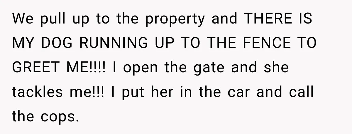 We pull up to the property and THERE IS MY DOG RUNNING UP TO THE FENCE TO GREET ME!!!! I open the gate and she tackles me!!! I put her...