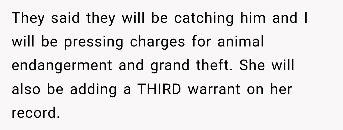 They said they will be catching him and I will be pressing charges for animal endangerment and grand theft. She will also be adding a THIRD warrant on her record.