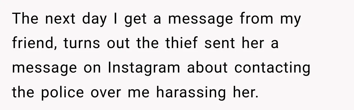 The next day I get a message from my friend, turns out the thief sent her a message on Instagram about contacting the police over me harassing her.
