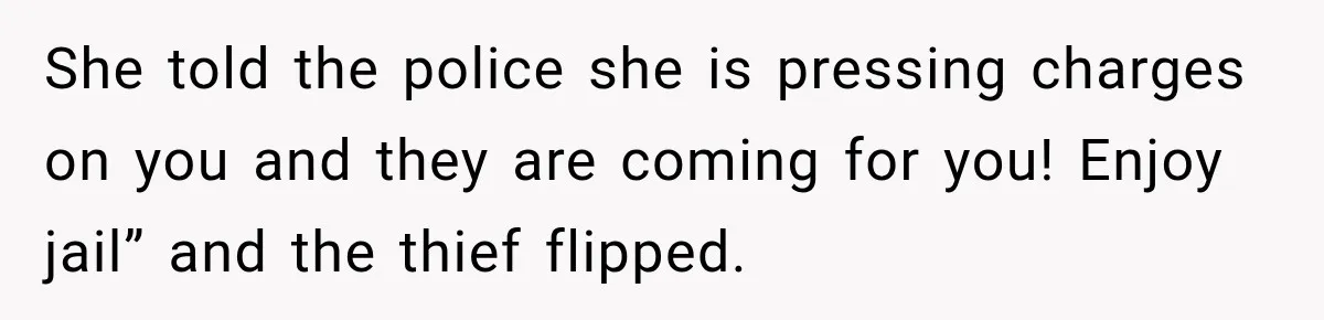 She told the police she is pressing charges on you and they are coming for you! Enjoy jail” and the thief flipped.