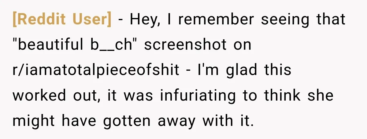 [Reddit User] − Hey, I remember seeing that "beautiful b__ch" screenshot on r/iamatotalpieceofshit - I'm glad this worked out, it was infuriating to think she might have gotten away with...