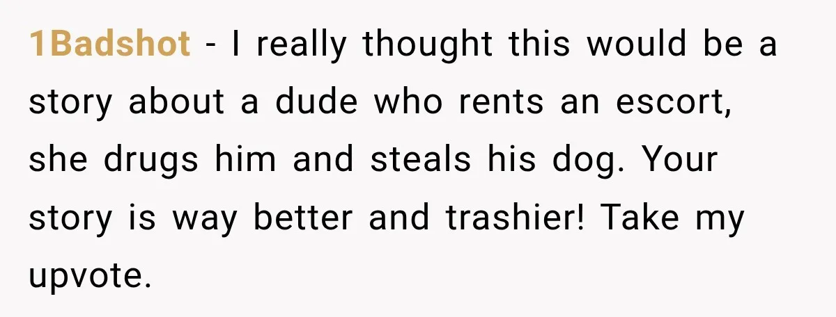 1Badshot − I really thought this would be a story about a dude who rents an escort, she drugs him and steals his dog. Your story is way better and...