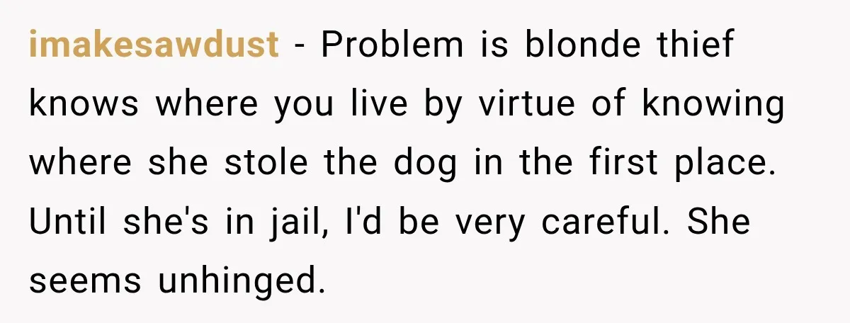 imakesawdust − Problem is blonde thief knows where you live by virtue of knowing where she stole the dog in the first place. Until she's in jail, I'd be very...