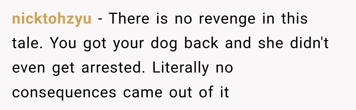 nicktohzyu − There is no revenge in this tale. You got your dog back and she didn't even get arrested. Literally no consequences came out of it