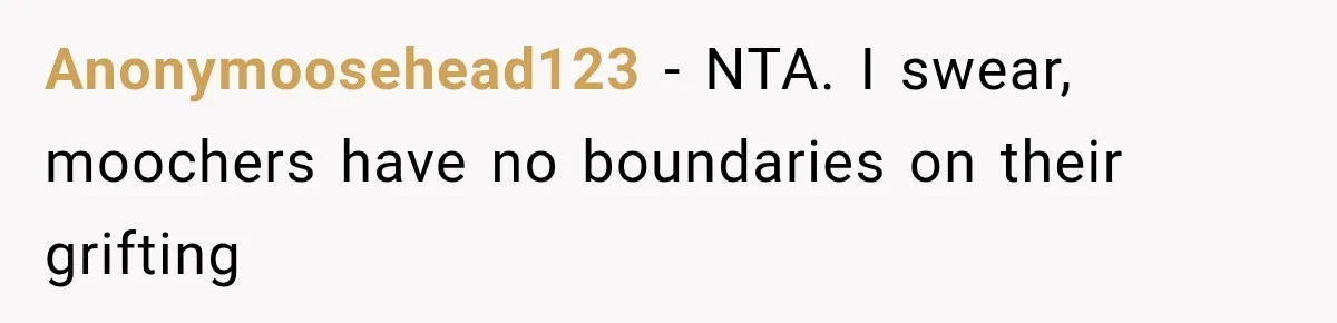 Anonymoosehead123 − NTA. I swear, moochers have no boundaries on their grifting