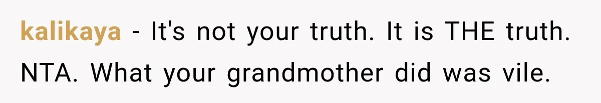 Woman Discovers Her Family Believed a 25-Year-Old Lie About Her, So She Finally Speaks Up kalikaya − It's not your truth. It is THE truth. NTA. What your grandmother did was vile.