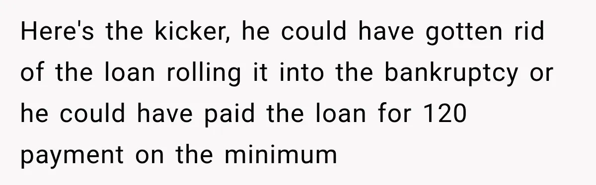 Here's the kicker, he could have gotten rid of the loan rolling it into the bankruptcy or he could have paid the loan for 120 payment on the minimum