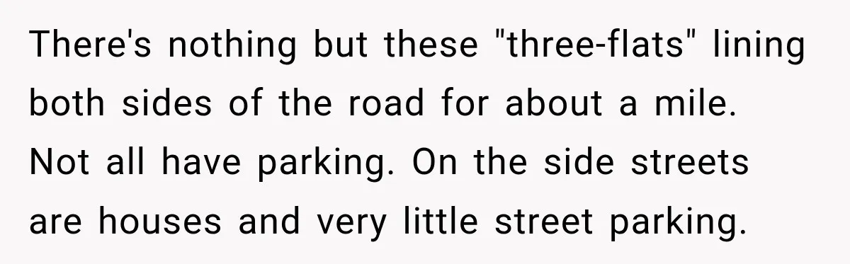 There's nothing but these "three-flats" lining both sides of the road for about a mile. Not all have parking. On the side streets are houses and very little street parking.