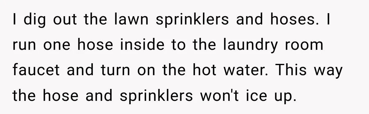 I dig out the lawn sprinklers and hoses. I run one hose inside to the laundry room faucet and turn on the hot water. This way the hose and sprinklers...