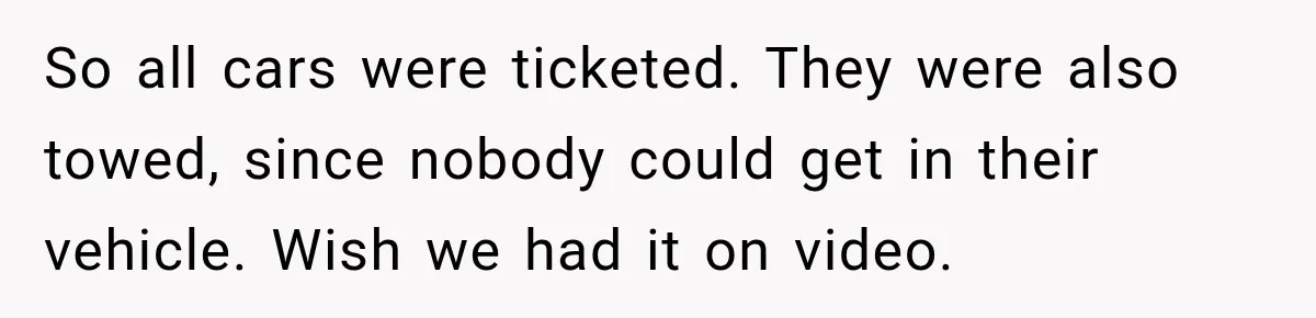 So all cars were ticketed. They were also towed, since nobody could get in their vehicle. Wish we had it on video.