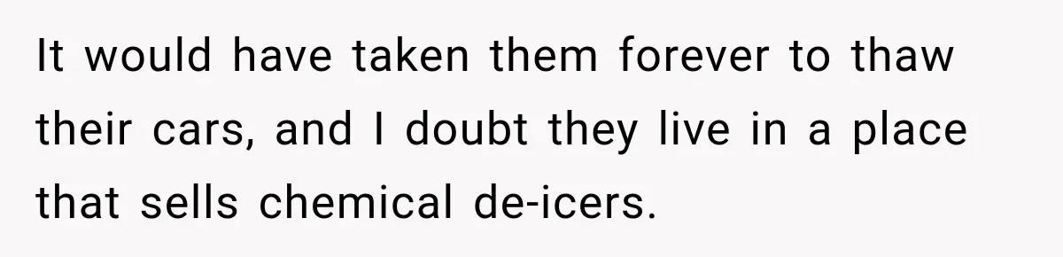 It would have taken them forever to thaw their cars, and I doubt they live in a place that sells chemical de-icers.