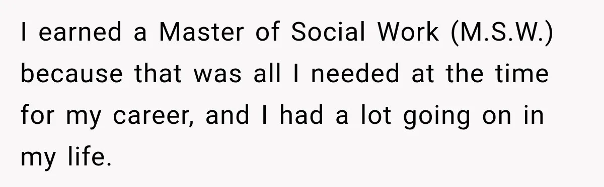 I earned a Master of Social Work (M.S.W.) because that was all I needed at the time for my career, and I had a lot going on in my life.