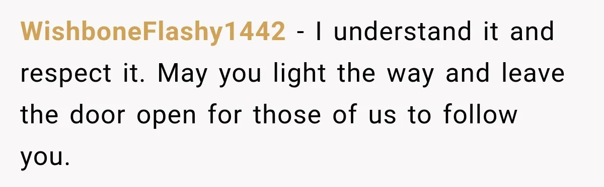 WishboneFlashy1442 − I understand it and respect it. May you light the way and leave the door open for those of us to follow you.