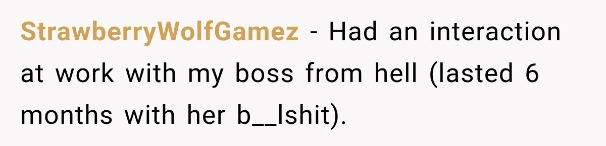 StrawberryWolfGamez − Had an interaction at work with my boss from hell (lasted 6 months with her b__lshit).