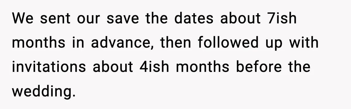 We sent our save the dates about 7ish months in advance, then followed up with invitations about 4ish months before the wedding.