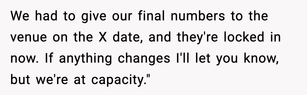 We had to give our final numbers to the venue on the X date, and they're locked in now. If anything changes I'll let you know, but we're at capacity."