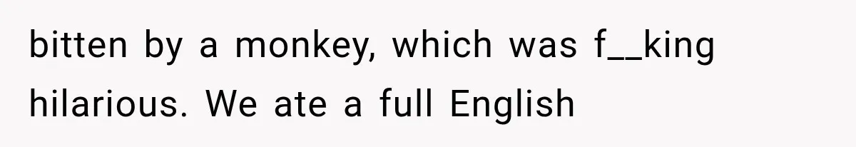 Couple Forces Their Fancy Wedding Ideas on Others, but Their Own Trip Becomes a Disaster bitten by a monkey, which was f__king hilarious. We ate a full English