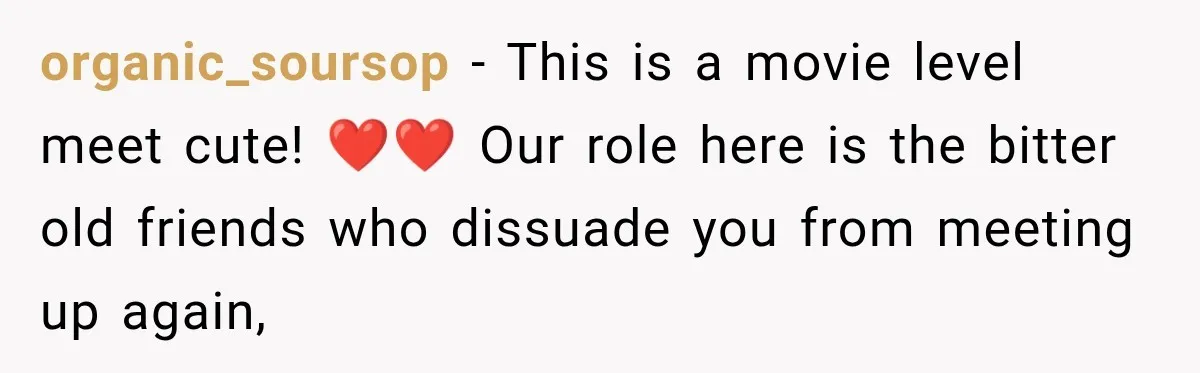 organic_soursop − This is a movie level meet cute! ❤️❤️ Our role here is the bitter old friends who dissuade you from meeting up again,