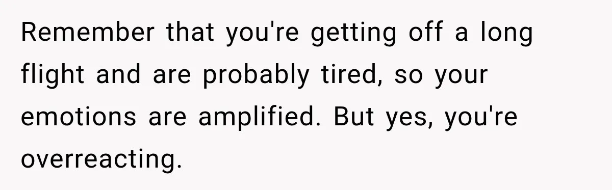 Remember that you're getting off a long flight and are probably tired, so your emotions are amplified. But yes, you're overreacting.