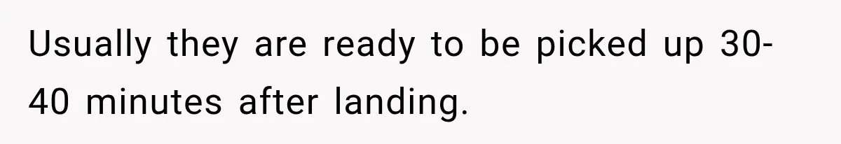 Usually they are ready to be picked up 30-40 minutes after landing.