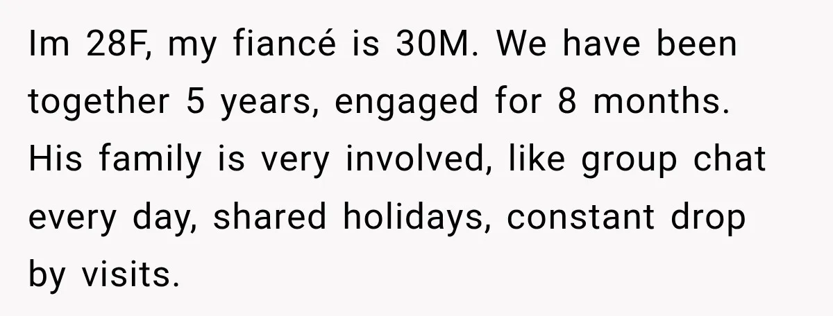 Im 28F, my fiancé is 30M. We have been together 5 years, engaged for 8 months. His family is very involved, like group chat every day, shared holidays, constant drop...