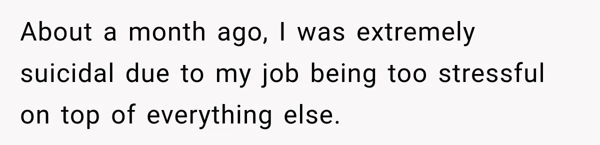 About a month ago, I was extremely suicidal due to my job being too stressful on top of everything else.