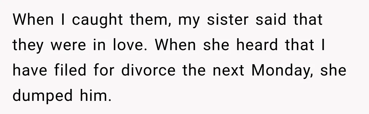 When I caught them, my sister said that they were in love. When she heard that I have filed for divorce the next Monday, she dumped him.