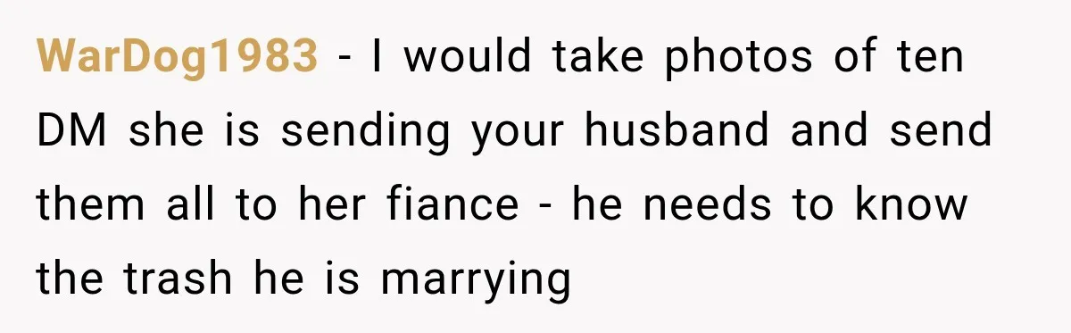 WarDog1983 − I would take photos of ten DM she is sending your husband and send them all to her fiance - he needs to know the trash he is...