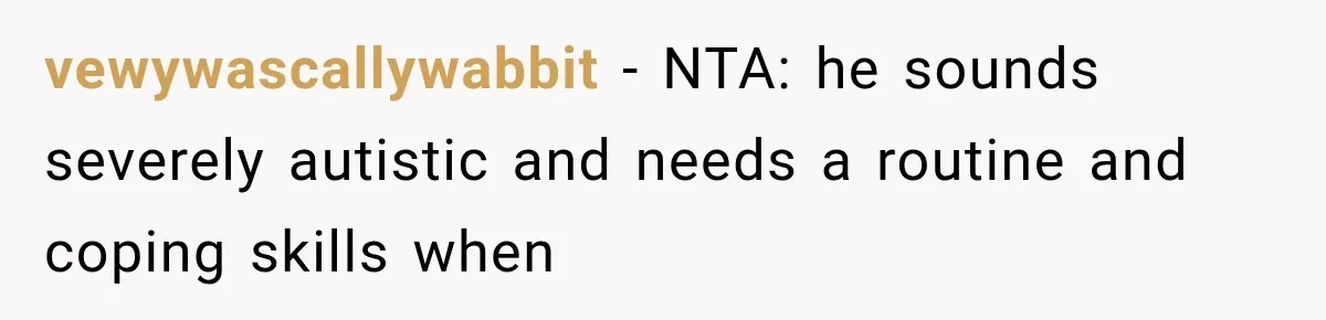 vewywascallywabbit − NTA: he sounds severely autistic and needs a routine and coping skills when