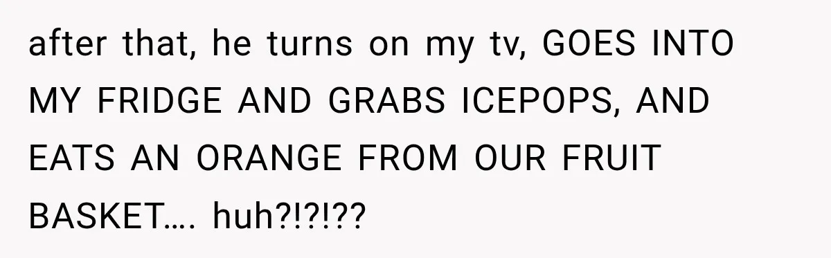 after that, he turns on my tv, GOES INTO MY FRIDGE AND GRABS ICEPOPS, AND EATS AN ORANGE FROM OUR FRUIT BASKET…. huh?!?!??