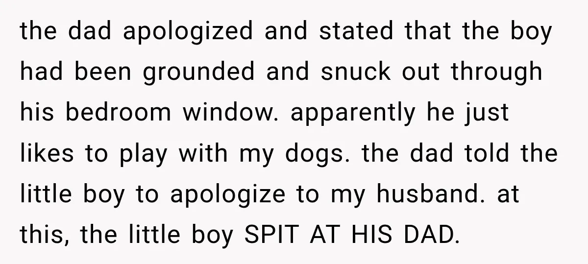 the dad apologized and stated that the boy had been grounded and snuck out through his bedroom window. apparently he just likes to play with my dogs. the dad told...