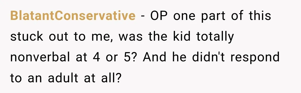 BlatantConservative − OP one part of this stuck out to me, was the kid totally nonverbal at 4 or 5? And he didn't respond to an adult at all?