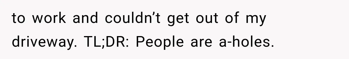 to work and couldn’t get out of my driveway. TL;DR: People are a-holes.